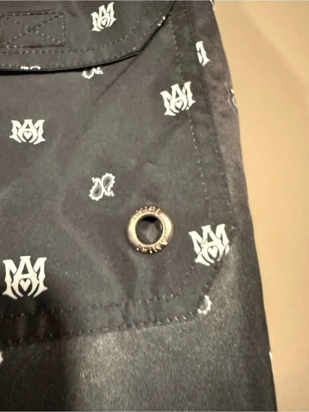 Amiri Black Bandana Paisley Monogram Print Mens Swim Trunks